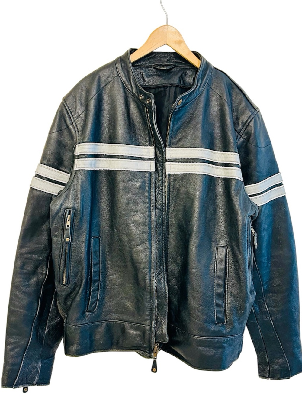 Vintage Cafe Racer Leather Biker Jacket Black w/Silver Reflective Stripes L/XL